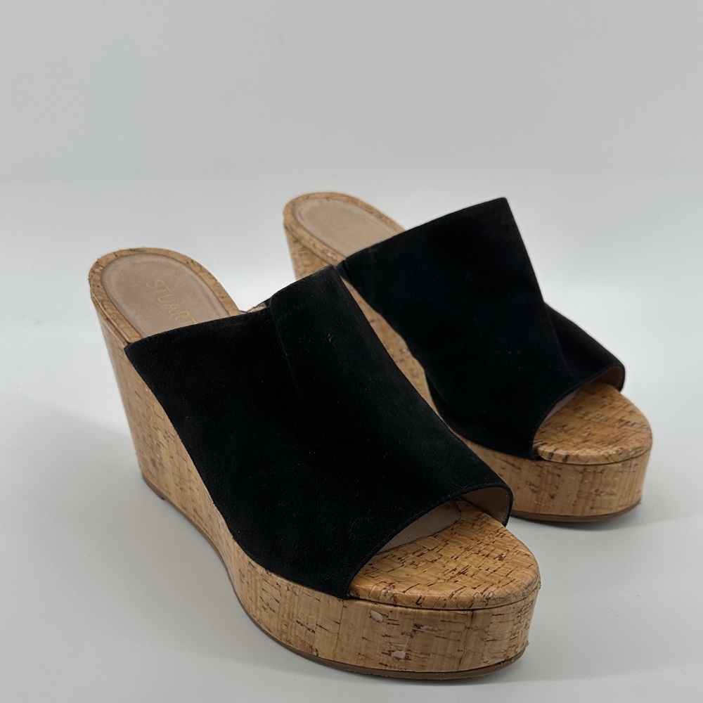 Stuart Weitzman 70s Retro Boho Black Cork Wedge Sandals Causal Chic Sz 10.5 - Picture 1 of 12